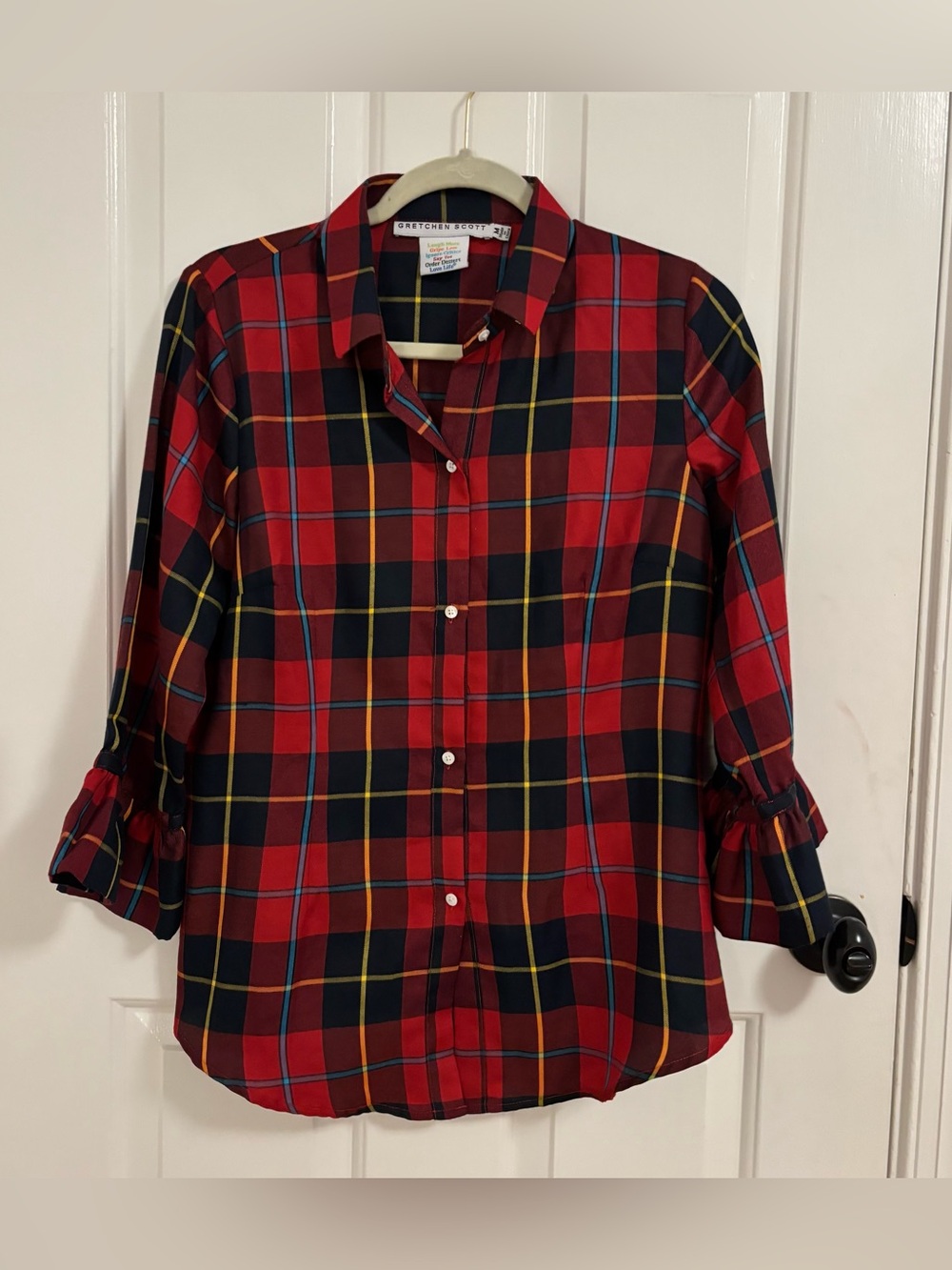Gretchen Scott Ruffle Sleeve Red Plaid Button-Down Shirt Size Medium M
